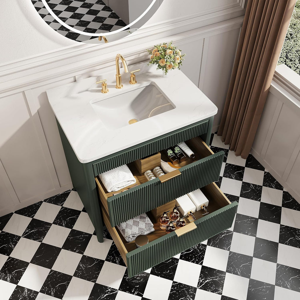 KEIKI 36' Freestanding Bathroom Vanity with Sink,Wood Storage Cabinet with 2 Handle Sets and Engineered Marble Top