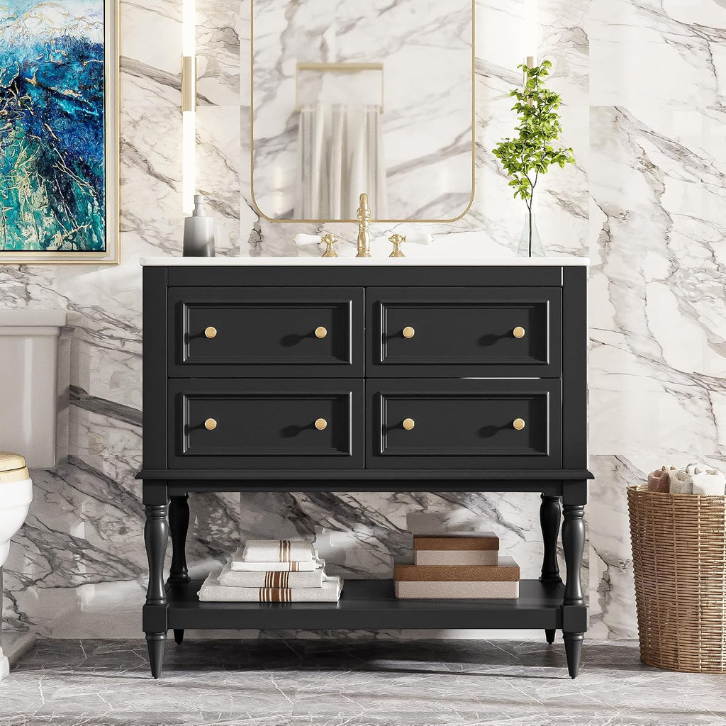 Virubi 36'' Bathroom Vanity with Single Sink, Freestanding Sink Cabinet with 4 Drawers and Open Shelf, Solid Wood Frame Bathroom Storage Cabinet