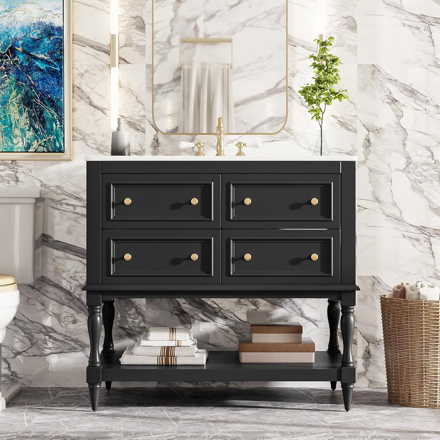 Virubi 36'' Bathroom Vanity with Single Sink, Freestanding Sink Cabinet with 4 Drawers and Open Shelf, Solid Wood Frame Bathroom Storage Cabinet