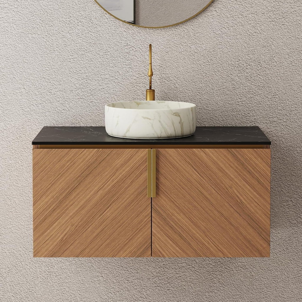 LKTART 36 Inch Bathroom Vanity with Sink, Modern Wall Mounted Bathroom Sink with 2 Doors, Black Sintered Stone Countertop and Stone Round Ceramic Basin