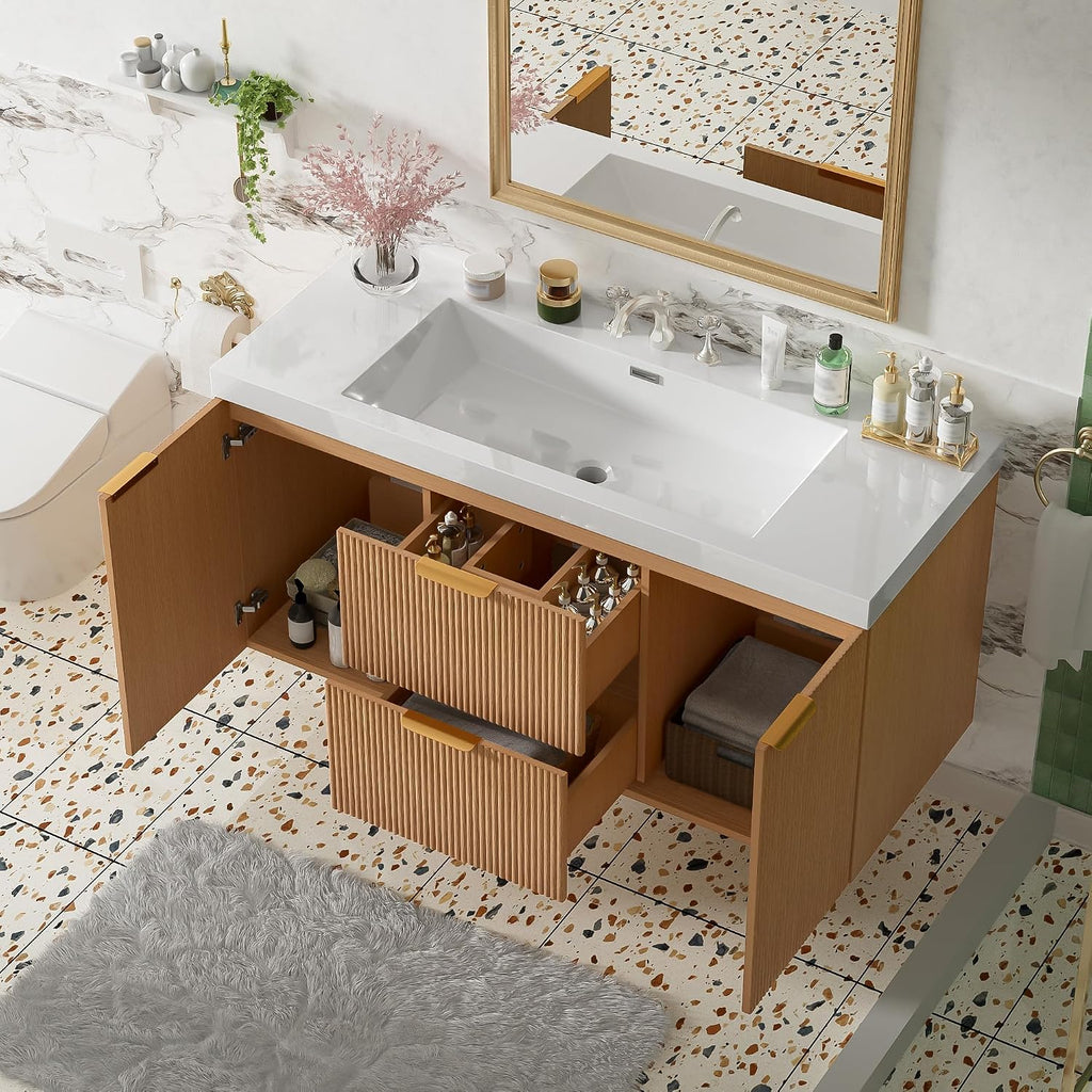 48'' Floating Bathroom Vanity with Sink, Painted Surface Wall Mounted Bathroom Vanity Cabinet, Soft Closing System, SMC Vanity Top, Natural