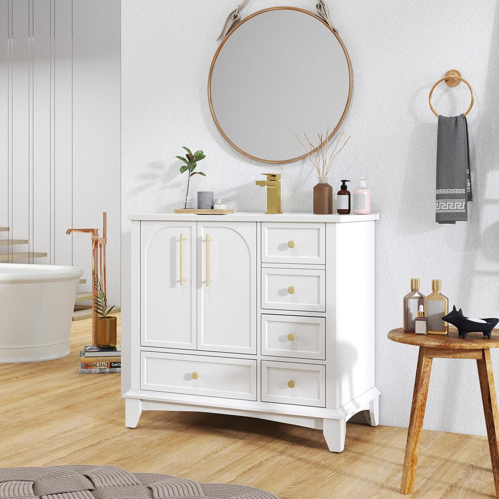 36 inch Bathroom Vanity with Sink Combo, Mid Century Modern Freestanding Bathroom Cabinet with Integrated Ceramic Sink, 4 Storage Drawers, 2 Soft Closed Doors, Adjustable Shelves, Golden Handle, White