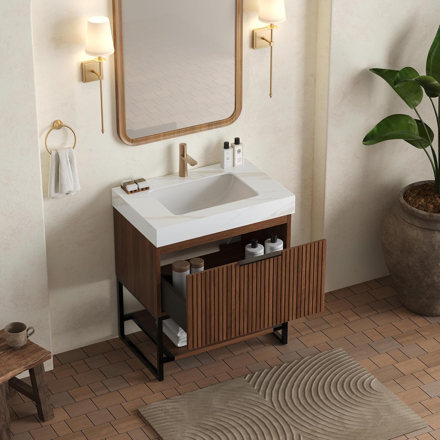 30'' Modern Bathroom Vanity with Sink, Freestanding Oak Plywood Cabinet with Rectangular Acrylic Integrated Basin, Bathroom Vanities Cabinet with Drawer and Open Shelf-Lund, Retro Walnut