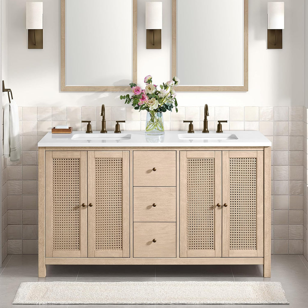 Alaterre Furniture Lucca Bathroom Vanity - Freestanding Cabinet Without Sink - 60 Inch Wood Bathroom Vanity with Soft-Close Doors and Three Drawers - for Double Sink Cabinet (Natural)
