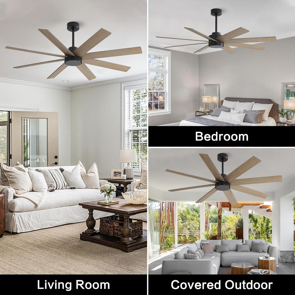 WINGBO 72' Large DC Ceiling Fans without Lights, 3 Downrods, 8 Plywood Blades, 6-Speeds Reversible DC Motor, Indoor Ceiling Fan No Lights for Bedroom Living Room Patio, Black and Gray