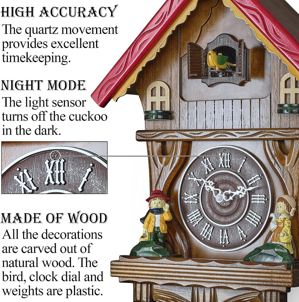 TIMEGEAR Cuckoo Clock with Night Mode and Quartz Movement in Traditional German Style