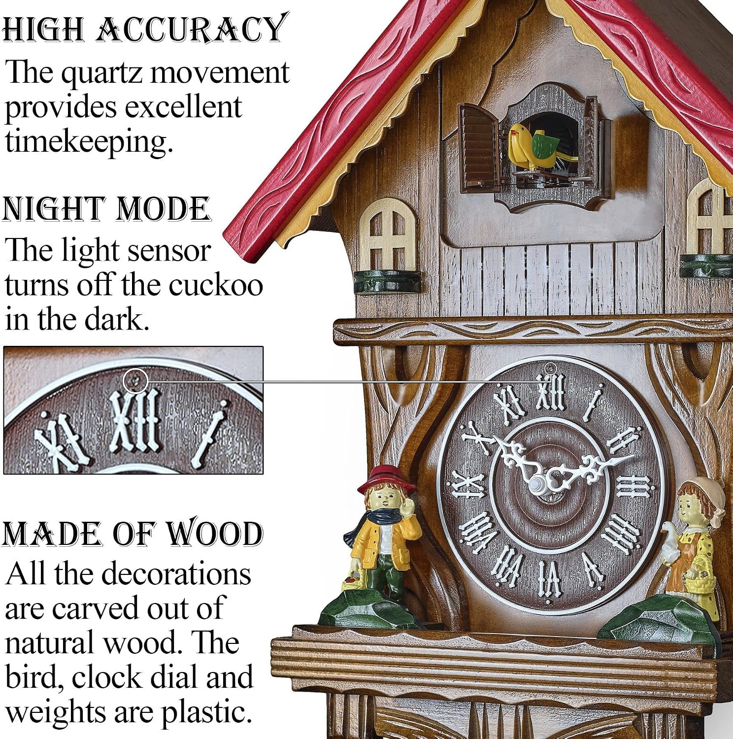 TIMEGEAR Cuckoo Clock with Night Mode and Quartz Movement in Traditional German Style