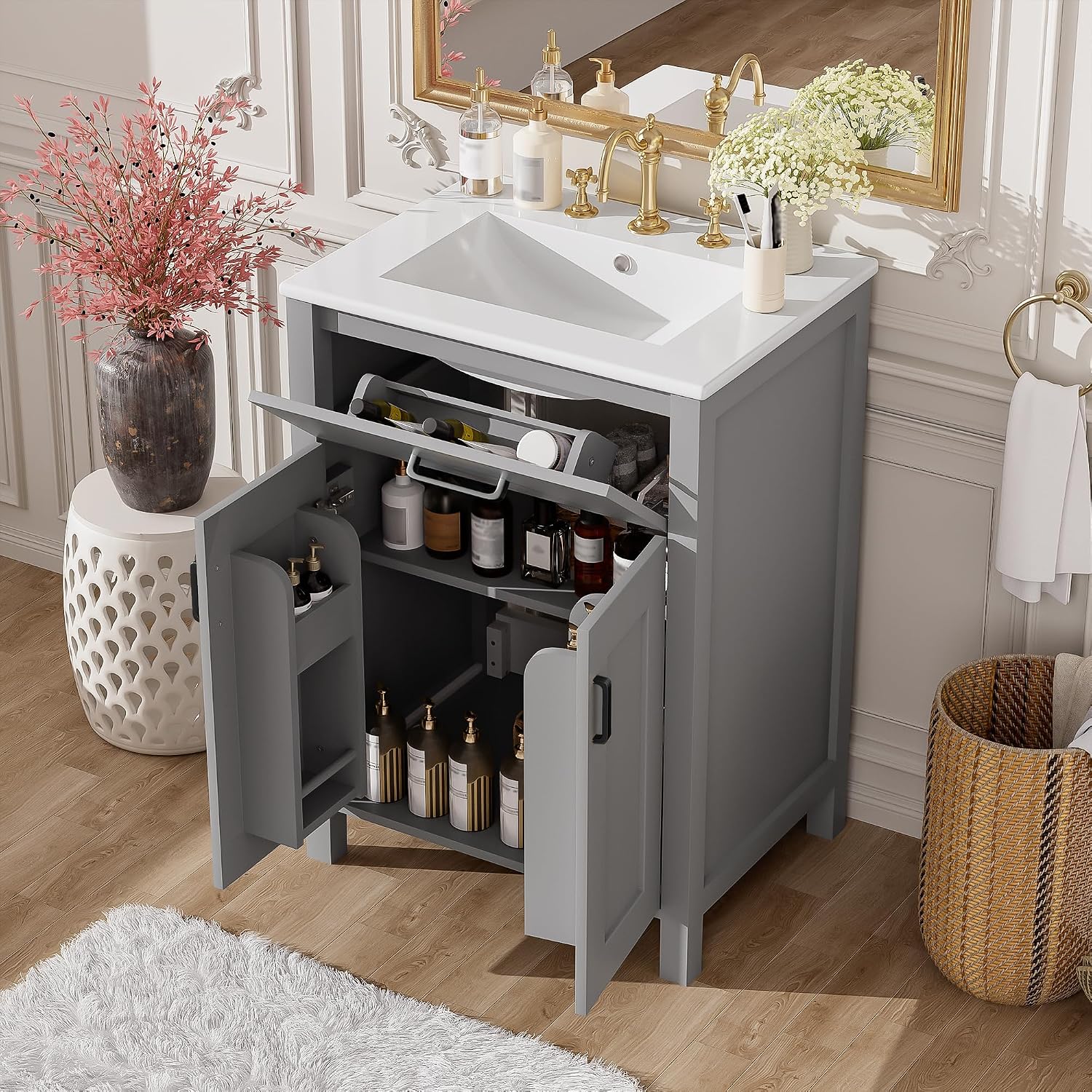 Harper & Bright Designs 24' Bathroom Vanity with Sink, Free Standing Single Basin Vanity Set with 2 Soft-Close Doors and Drawer, Modern Wooden Storage Cabinet with Ceramic Basin for Bathroom, Grey