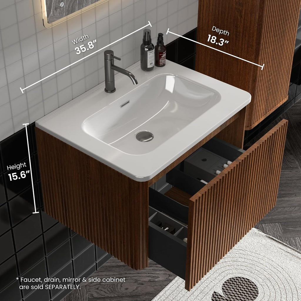 24 Inch Bathroom Vanity with Sink, Modern Floating Vanity with Push Open Drawer, Large Storage for Small Space, Apartment, Hotel, Walnut, Fully Assembled - Camellia Collection