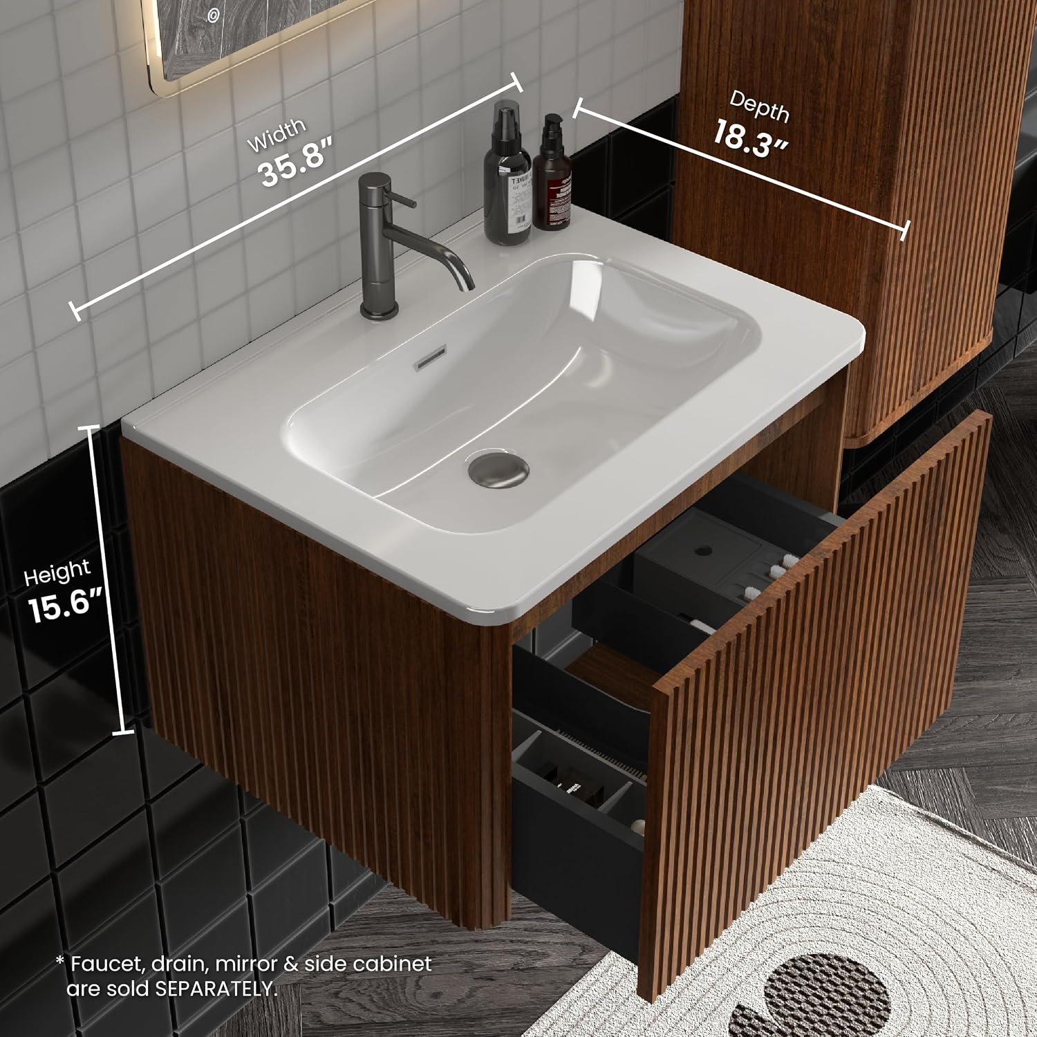 24 Inch Bathroom Vanity with Sink, Modern Floating Vanity with Push Open Drawer, Large Storage for Small Space, Apartment, Hotel, Walnut, Fully Assembled - Camellia Collection