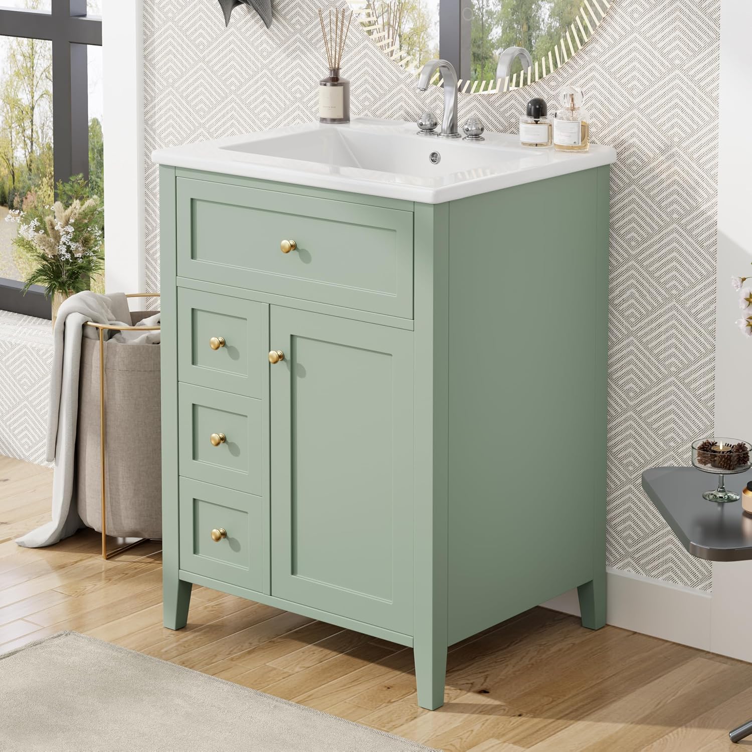 Harper & Bright Designs 24' Bathroom Vanity with Sink, Free Standing Vanity Set with 4 Drawers, Storage Racks, and Adjustable Shelf, Wood Bathroom Cabinet with Ceramic Basin for Bathroom, Green