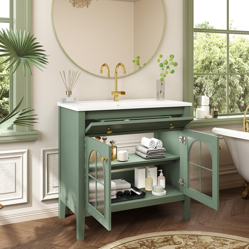 36 inch Bathroom Vanity with Sink Combo, Mid Century Modern Freestanding Bathroom Cabinet with Integrated Ceramic Sink, Flip Top Drawer, Flower Patterned Glass Doors, Adjustable Shelves, Green