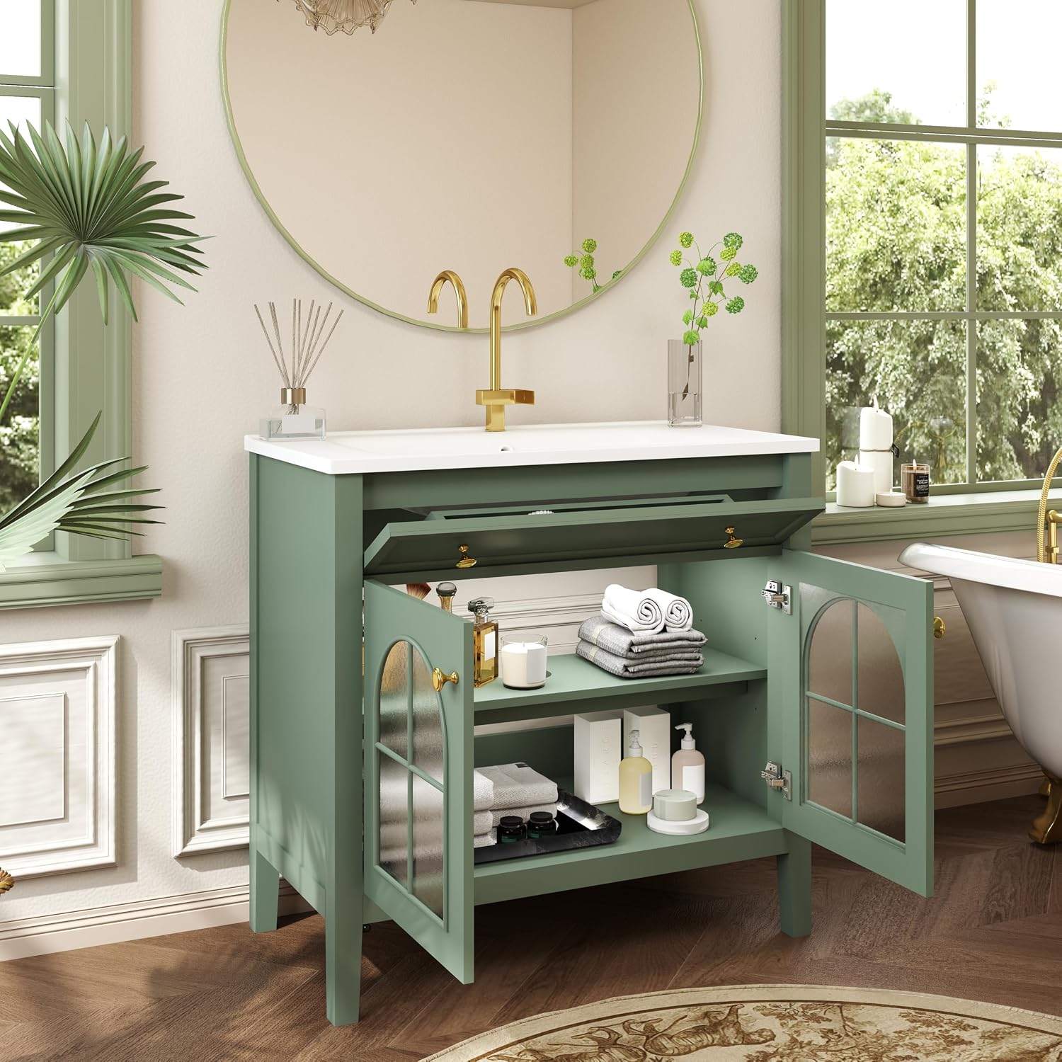 36 inch Bathroom Vanity with Sink Combo, Mid Century Modern Freestanding Bathroom Cabinet with Integrated Ceramic Sink, Flip Top Drawer, Flower Patterned Glass Doors, Adjustable Shelves, Green