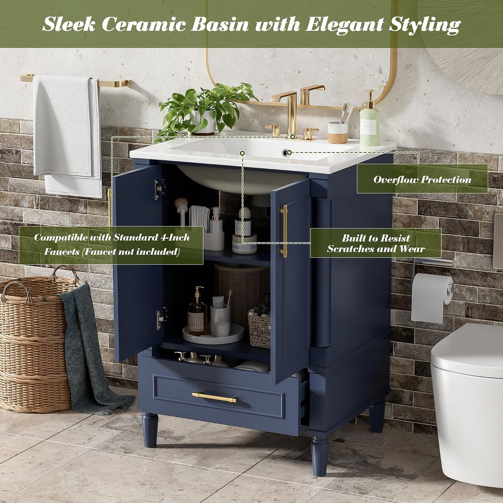 VilroCaz 24' Modern Bathroom Vanity with Ceramic Sink, Ornate Motif Design Doors & Soft-Close Hinges, Wood Bathroom Cabinet with Drawer, Ornately Carved French Cylinder Legs (Dark Blue-4.23)