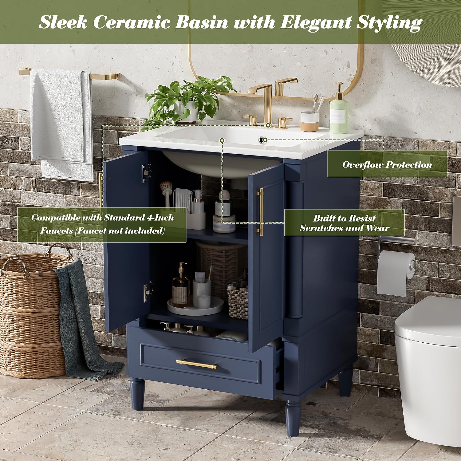 VilroCaz 24' Modern Bathroom Vanity with Ceramic Sink, Ornate Motif Design Doors & Soft-Close Hinges, Wood Bathroom Cabinet with Drawer, Ornately Carved French Cylinder Legs (Dark Blue-4.23)