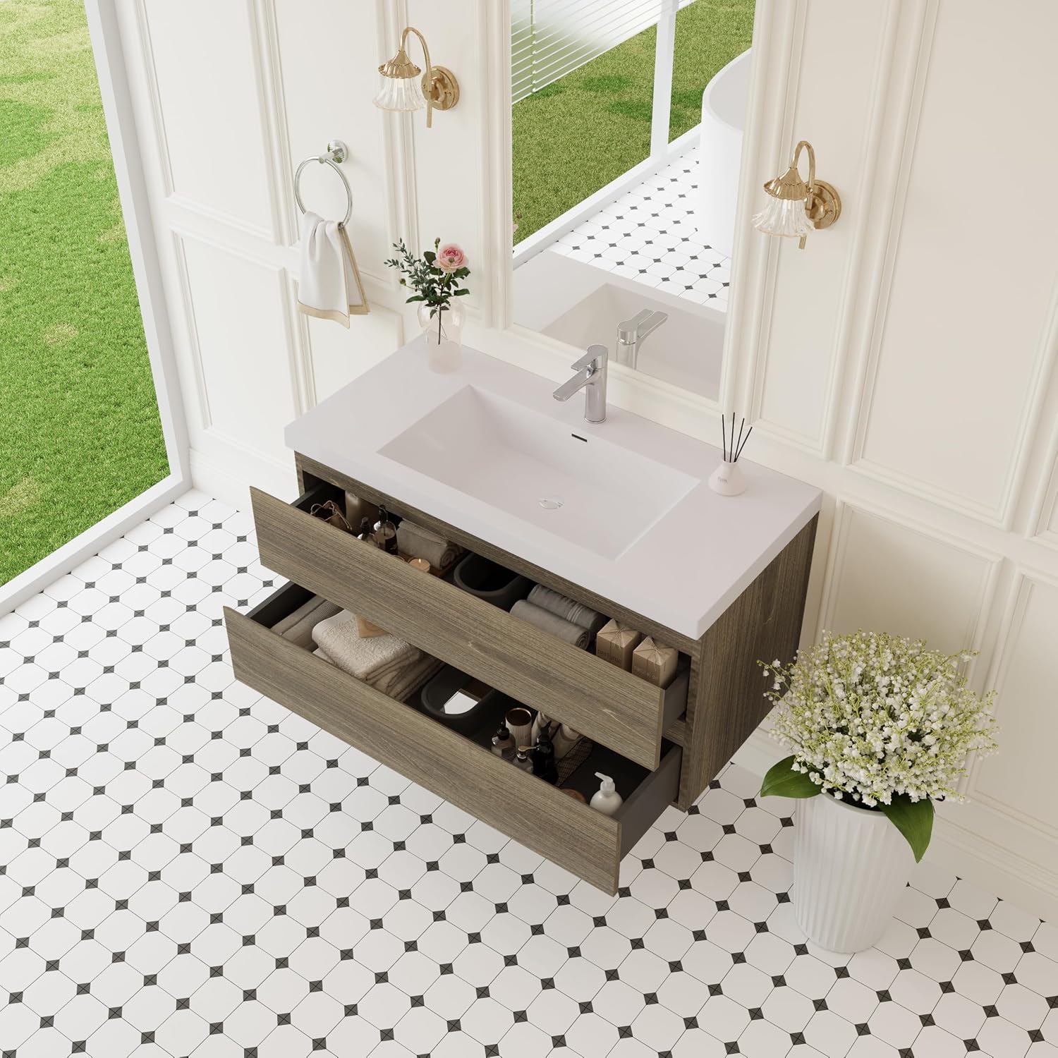 42' Floating Bathroom Vanity with Sink, Wall Mounted Bathroom Storage Vanity Cabinet with Solid Top Basin and Soft Close Drawers, Ash Grey