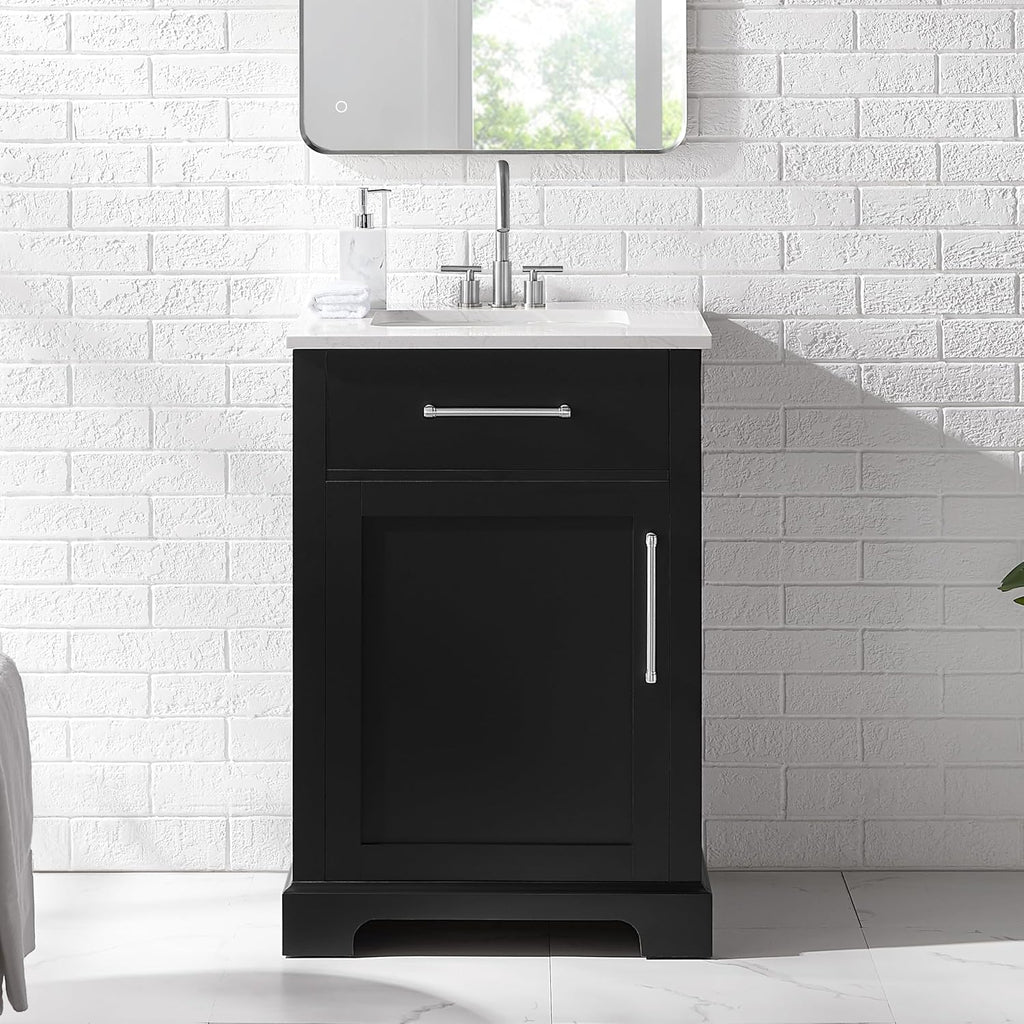Clara Black 24-Inch Single Bathroom Vanity with Sink, Wood Single Shaker Door Cabinet with Adjustable Shelf, Nickel and Gold Handles, Pre-Drilled Marbled White Stone Top, Freestanding, Fully Assembled