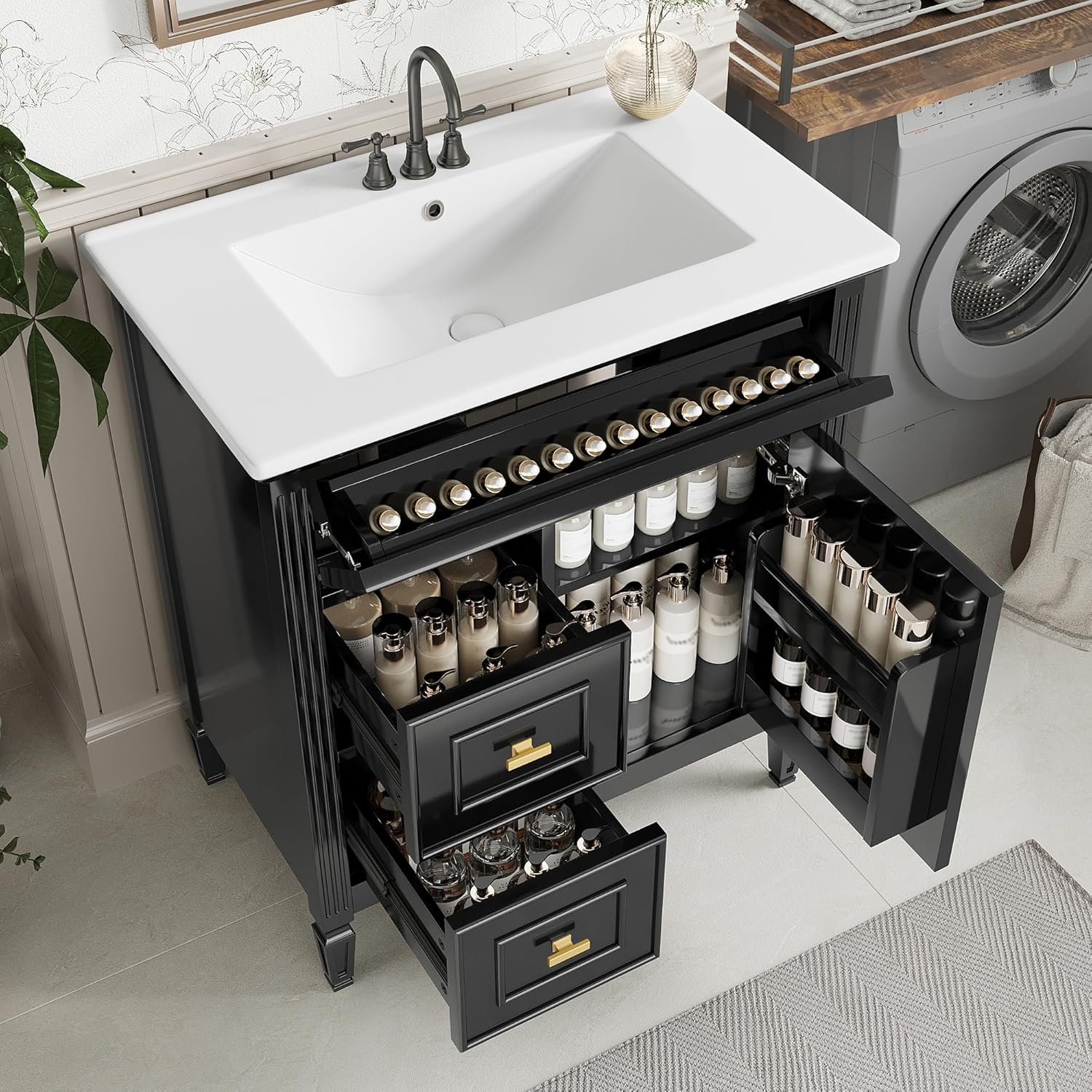 Harper & Bright Designs 30' Bathroom Vanity with Sink, Free Standing Vanity Set with Tip-Out Drawer, 2 Drawers, and Adjustable Shelf, Wood Bathroom Cabinet with Ceramic Basin for Bathroom, Black