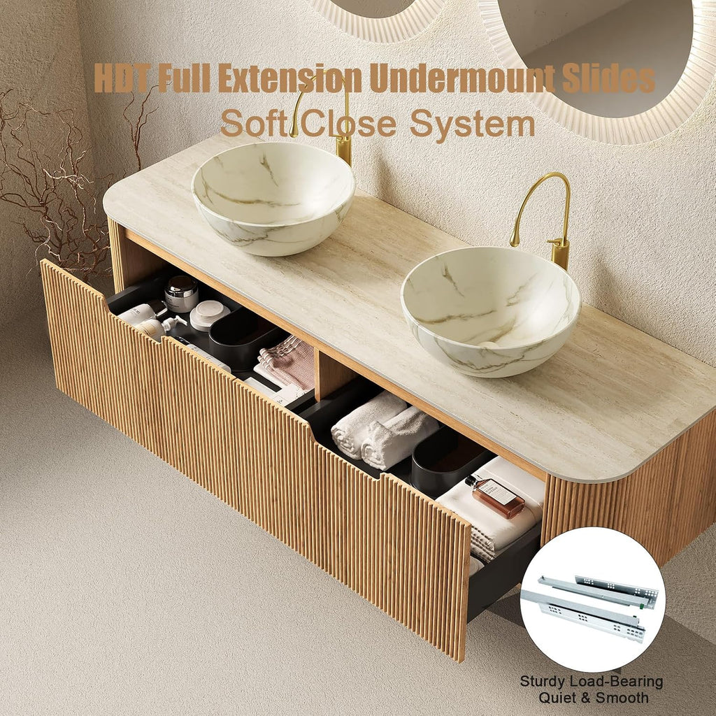 Eleshine 60' Wall Mounted Floating Bathroom Vanity with Double Sinks, 2 Drawers, Curved Edges, Matte White Ceramic Bowl Basins, Carrara White Sintered Stone Top, Pre-Assembled, Natural Woodgrain