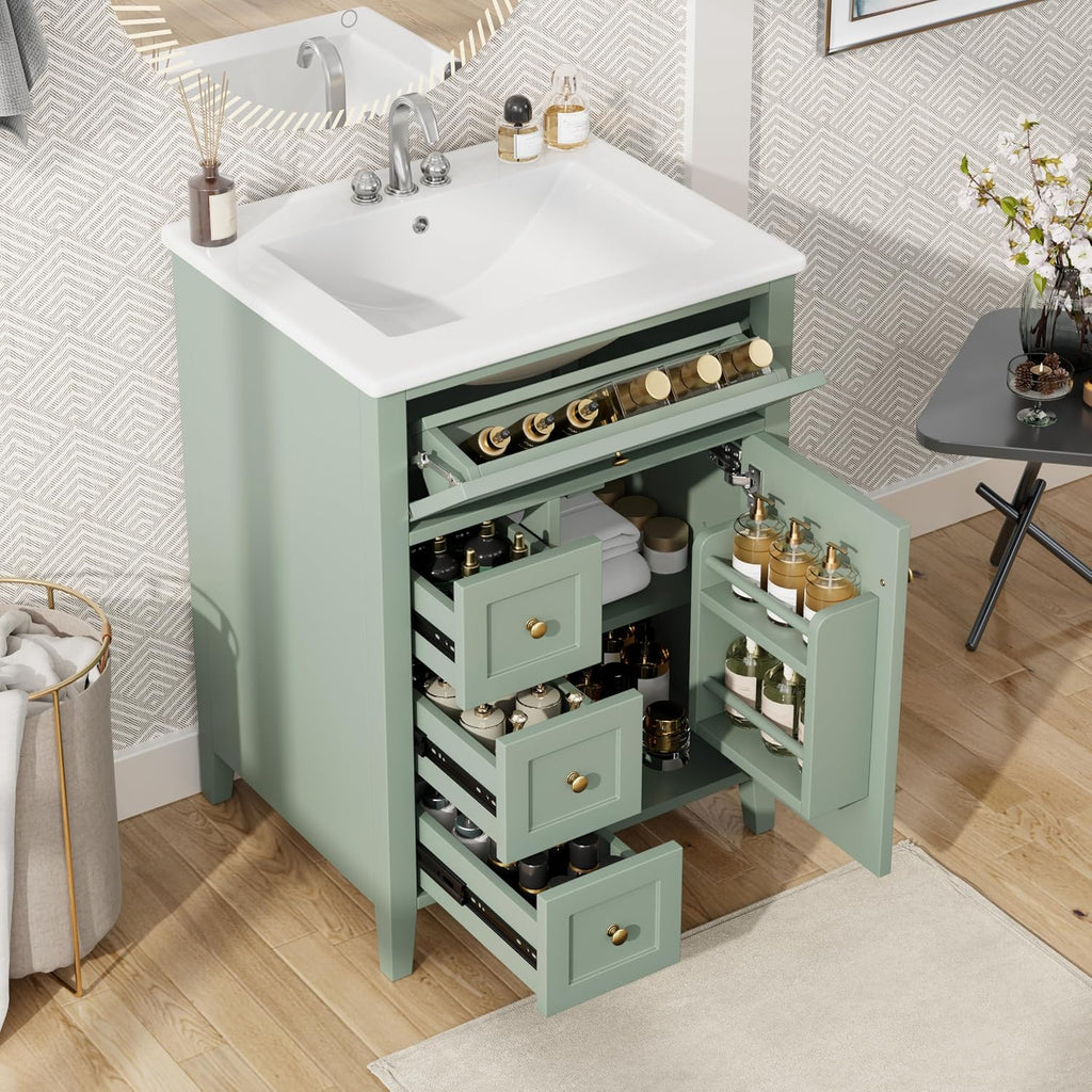 Harper & Bright Designs 24' Bathroom Vanity with Sink, Free Standing Vanity Set with 4 Drawers, Storage Racks, and Adjustable Shelf, Wood Bathroom Cabinet with Ceramic Basin for Bathroom, Green