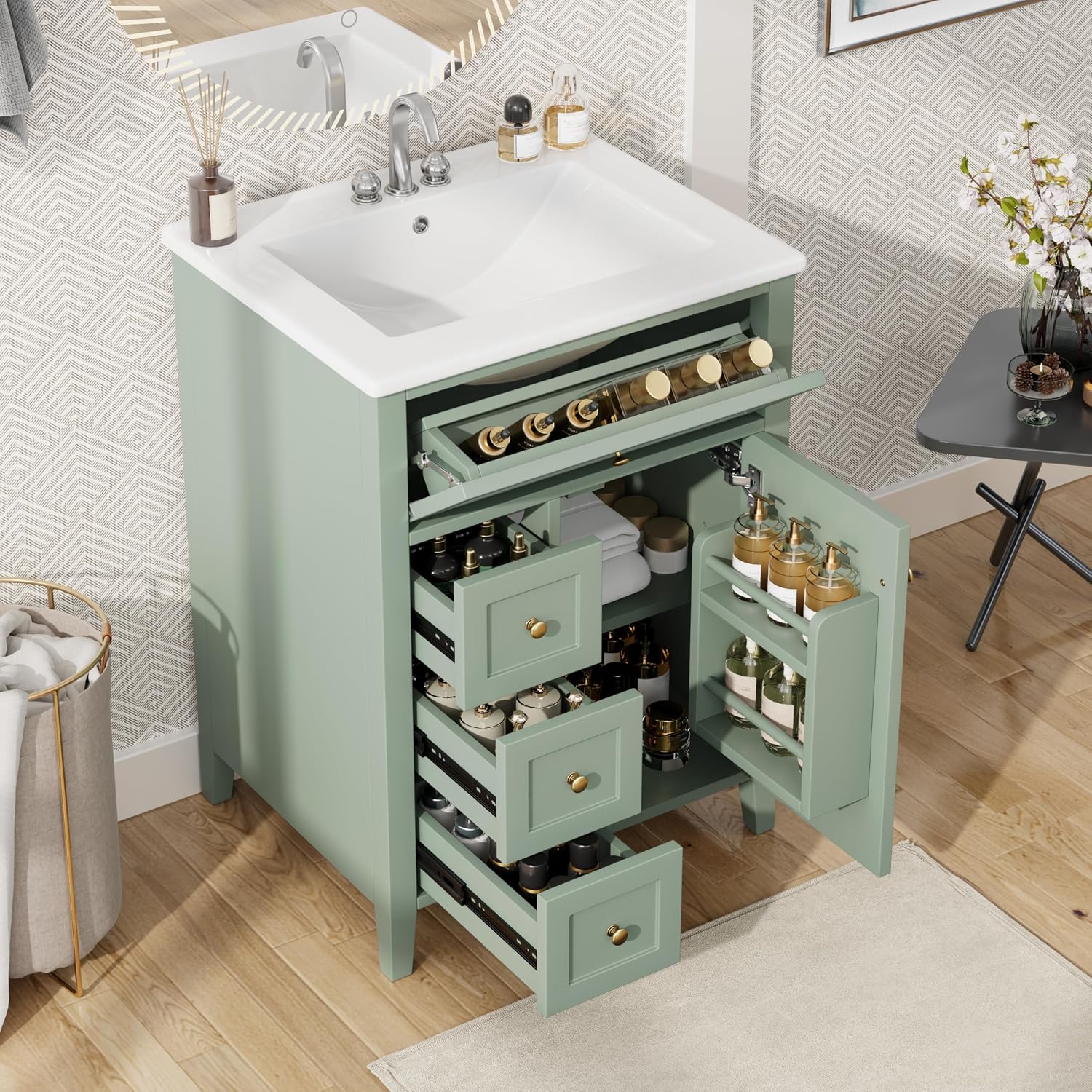 Harper & Bright Designs 24' Bathroom Vanity with Sink, Free Standing Vanity Set with 4 Drawers, Storage Racks, and Adjustable Shelf, Wood Bathroom Cabinet with Ceramic Basin for Bathroom, Green