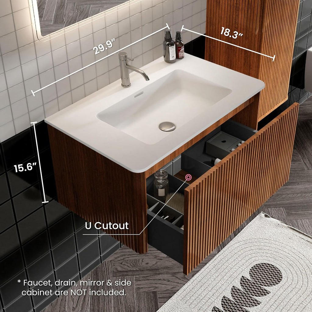 30' Bathroom Vanity with Sink, Modern Floating Vanity with Push Open Soft Close Drawer, Large Storage for Small Space, Walnut, Fully Assembled - Camellia Collection
