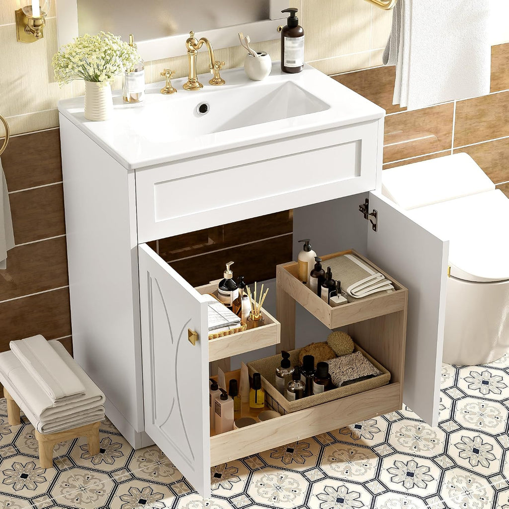 30 Inch White Bathroom Vanity with Sink,Modern Freestanding Bathroom Vanity with Storage Rack,Intergrated Countertop,Gold Handles,Elegant Soft Closing Doors(Ceramic Sink)