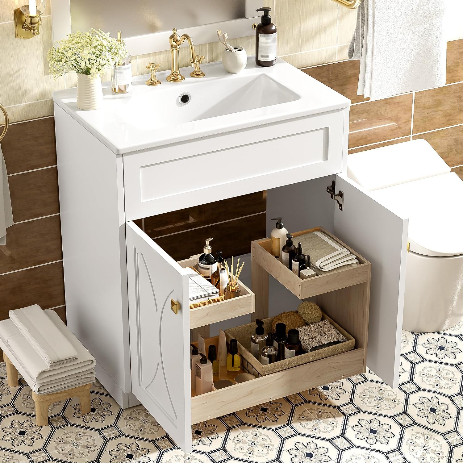 30 Inch White Bathroom Vanity with Sink,Modern Freestanding Bathroom Vanity with Storage Rack,Intergrated Countertop,Gold Handles,Elegant Soft Closing Doors(Ceramic Sink)