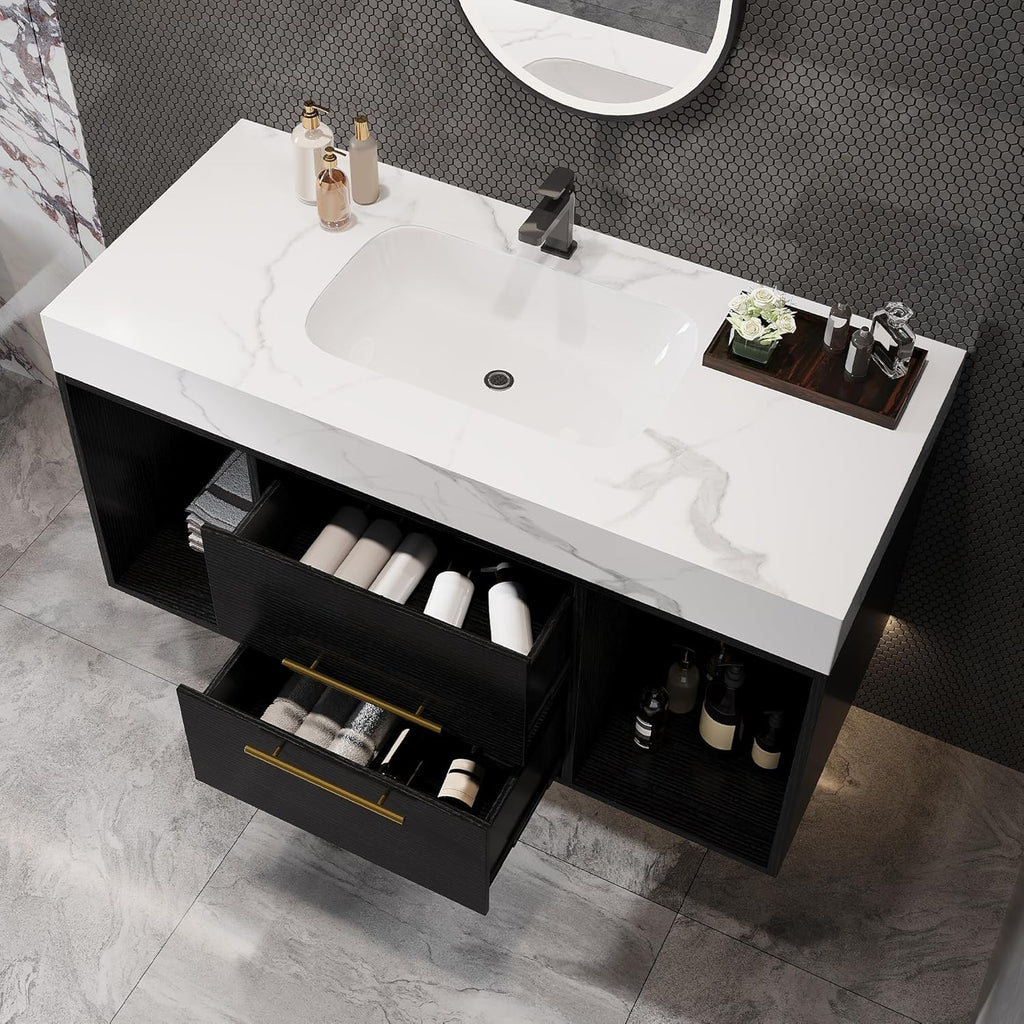 40 inch Bathroom Vanity with Ceramic Sink and Sinter Stone Marble Counter Top Modern Wall Mounted Floating Bathroom Sink Cabinet with 2 Drawers&2 Open Shelves&Gold Metal Handle,Black