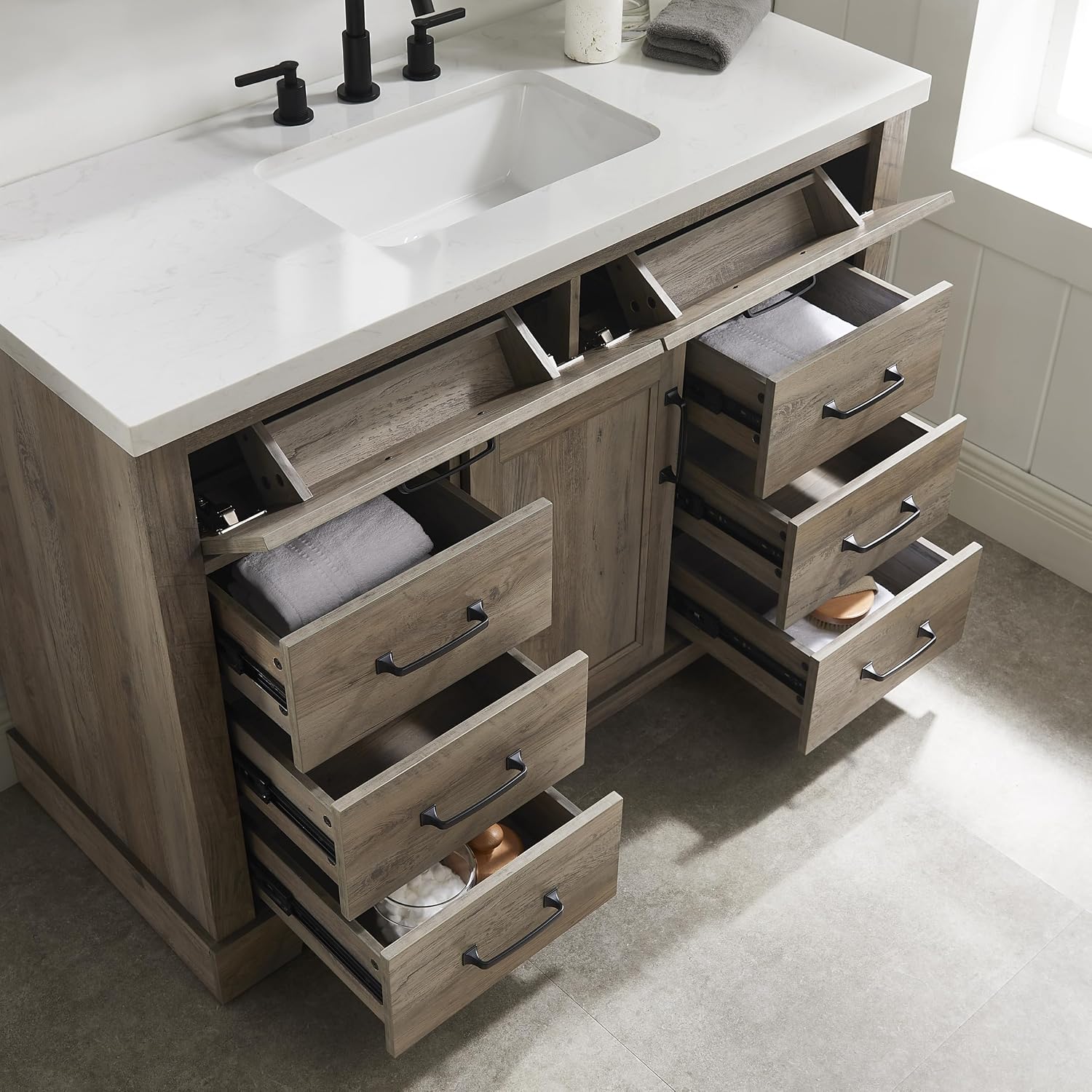 Mia Brown Grey Oak Wood 48-Inch Single Bathroom Vanity with Sink, Shaker Door Cabinet with Shelf, Drawers, Matte Black Handles, Pre-Drilled Marbled White Stone Top, Freestanding, Fully Assembled
