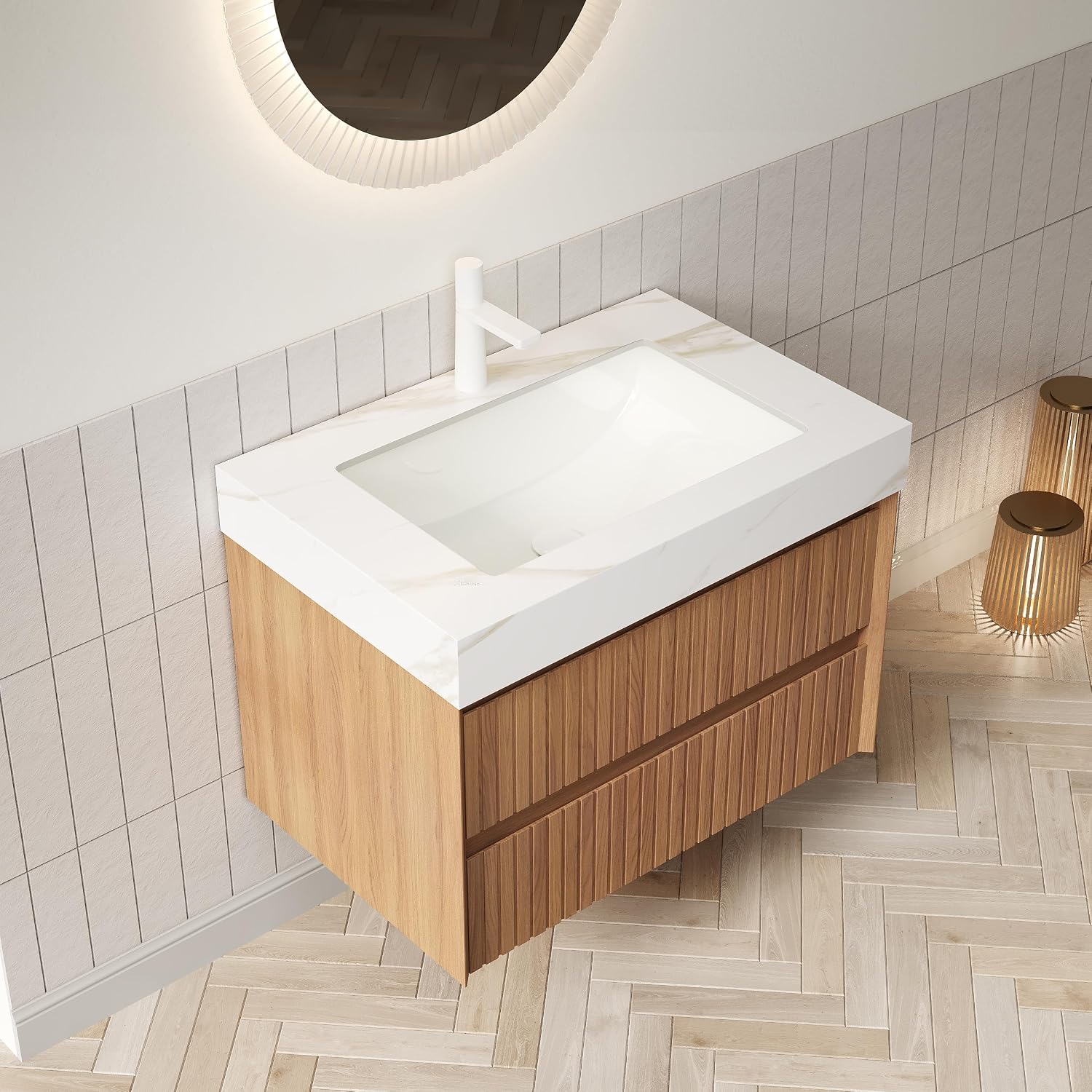 30' Bathroom Vanity with Sink, Modern Bathroom Floating Vanity with Travertine-Pattern Sintered Stone Top & Ceramic Undermount Basin, Pre-Assembled W/2 Drawers, Espresso/W