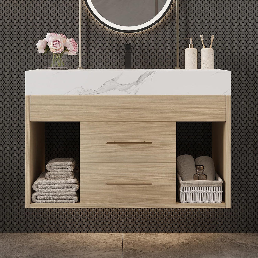 30' Bathroom Vanity with Sink Set, Modern Oak Wall Mounted Bathroom Vanity Cabinet with Sintered Stone Top&Gold Handle 2 Drawers&2 Open Storage, Single Sink Floating Bathroom Vanity