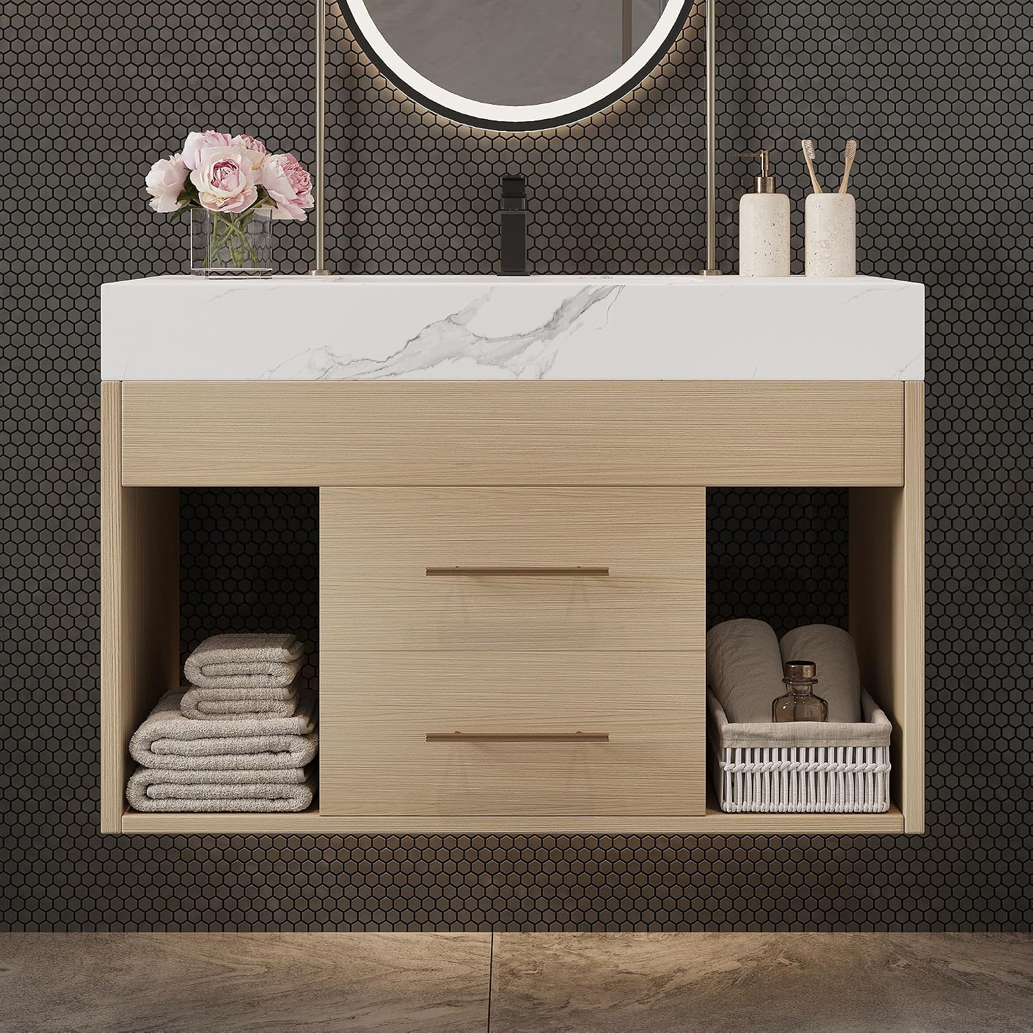 30' Bathroom Vanity with Sink Set, Modern Oak Wall Mounted Bathroom Vanity Cabinet with Sintered Stone Top&Gold Handle 2 Drawers&2 Open Storage, Single Sink Floating Bathroom Vanity