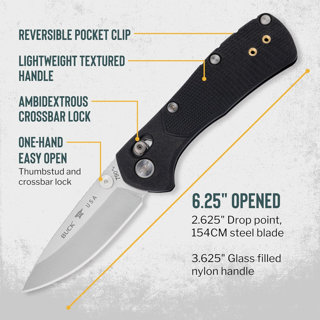 Buck Knives 790 Mini Range Pro Folding Pocket Knife, EDC Knife, 2-5/8' Drop Point Blade, 154CM Stainless Steel, Lightweight Glass-Filled Nylon Handle, Made in the USA, Black, 1.9 oz