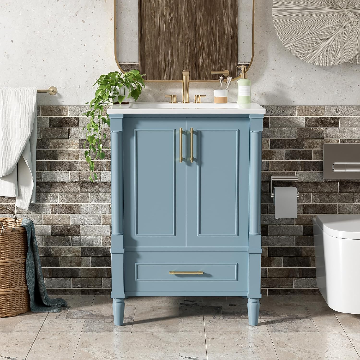 VilroCaz 24' Modern Bathroom Vanity with Ceramic Sink, Ornate Motif Design Doors & Soft-Close Hinges, Wood Bathroom Cabinet with Drawer, Ornately Carved French Cylinder Legs (Blue-4.23)