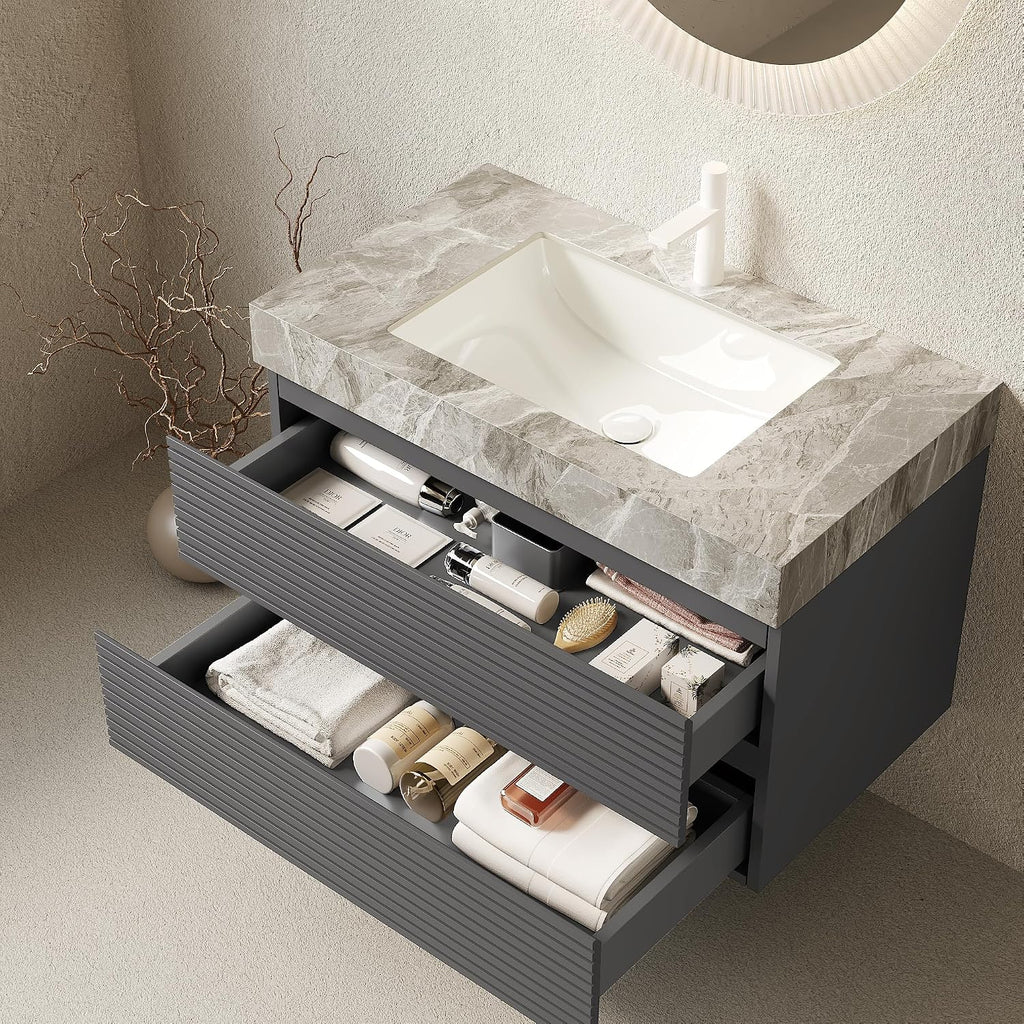 Eleshine 36' Bathroom Vanity with Undermount Sink, Floating Plywood Fluted Storage Cabinet with 2 Drawers, Itlay Light Gray with Stone Pattern Sintered Stone Top, Gray