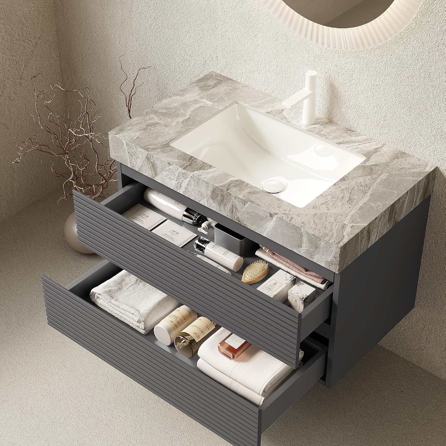 Eleshine 36' Bathroom Vanity with Undermount Sink, Floating Plywood Fluted Storage Cabinet with 2 Drawers, Itlay Light Gray with Stone Pattern Sintered Stone Top, Gray