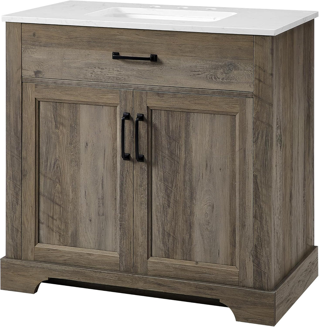 Mia Brown Grey Oak Wood 36-Inch Single Bathroom Vanity with Sink, Double Shaker Door Cabinet, Adjustable Shelf, Matte Black Handles, Pre-Drilled Marbled White Stone Top, Freestanding, Fully Assembled