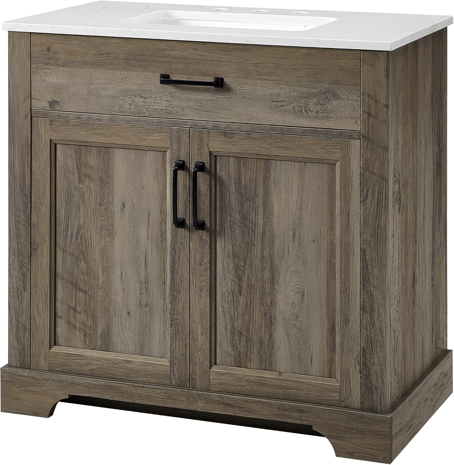 Mia Brown Grey Oak Wood 36-Inch Single Bathroom Vanity with Sink, Double Shaker Door Cabinet, Adjustable Shelf, Matte Black Handles, Pre-Drilled Marbled White Stone Top, Freestanding, Fully Assembled