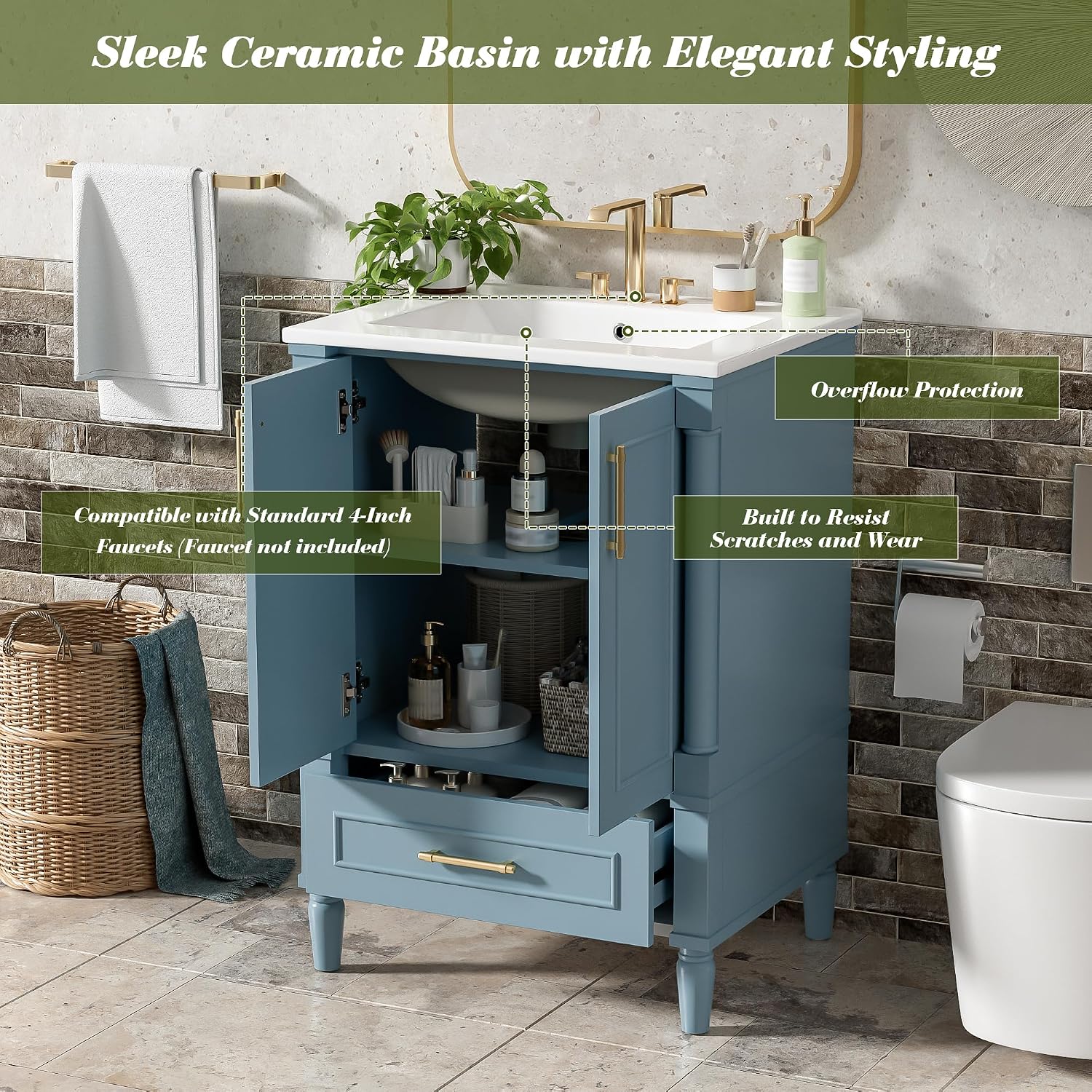 VilroCaz 24' Modern Bathroom Vanity with Ceramic Sink, Ornate Motif Design Doors & Soft-Close Hinges, Wood Bathroom Cabinet with Drawer, Ornately Carved French Cylinder Legs (Blue-4.23)