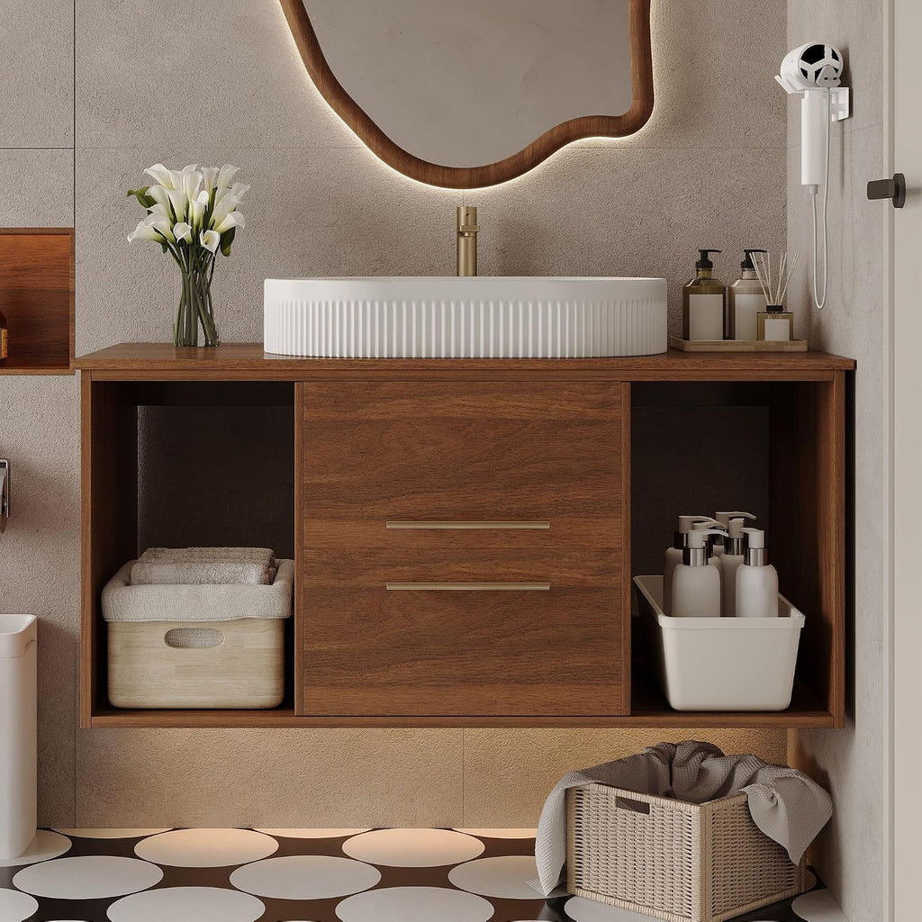 40 Inch Modern Bathroom Vanity Floating Bathroom Vanities with Above Oval Sink 40' Wall Mounted Bathroom Sink Cabinet with 2 Drawers & 2 Open Shelves & Gold Metal Handle, Walnut