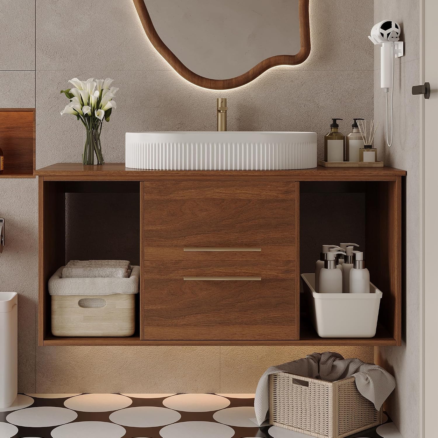 40 Inch Modern Bathroom Vanity Floating Bathroom Vanities with Above Oval Sink 40' Wall Mounted Bathroom Sink Cabinet with 2 Drawers & 2 Open Shelves & Gold Metal Handle, Walnut