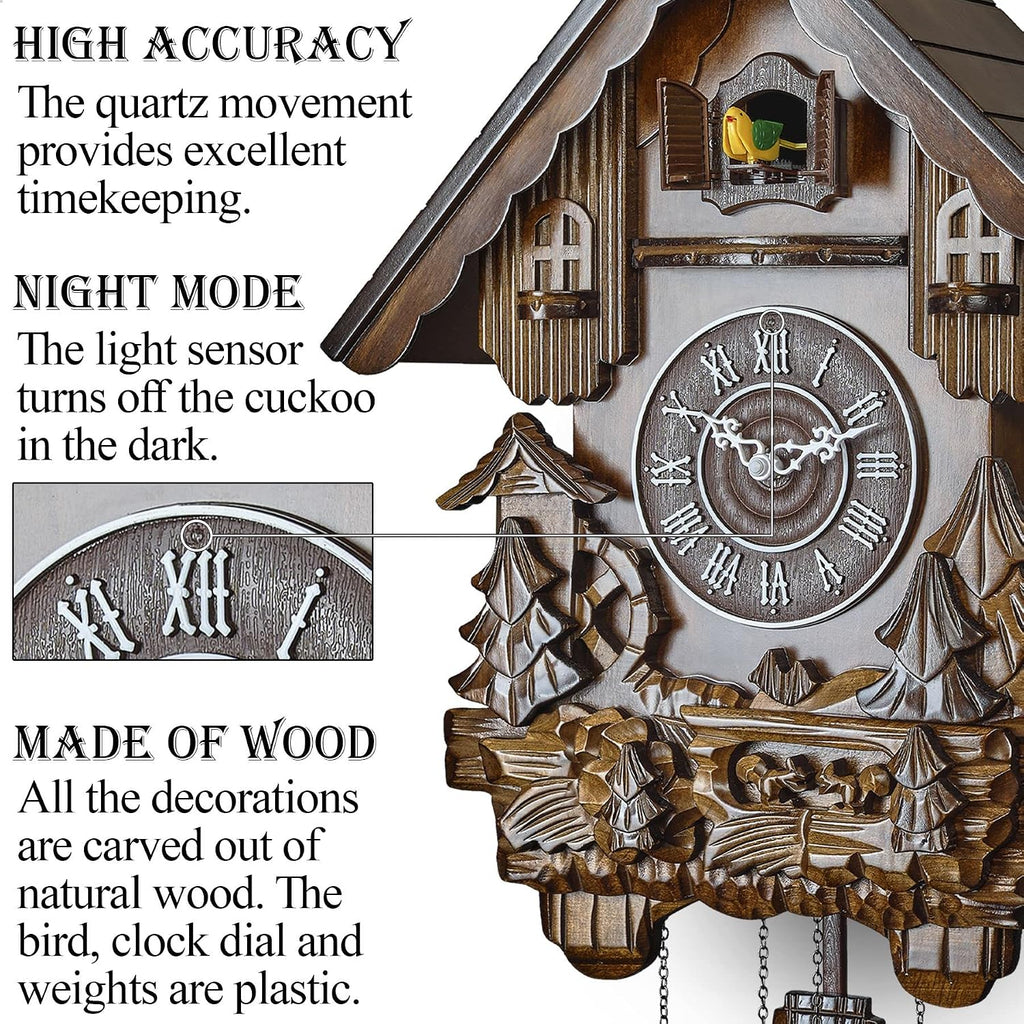 TIMEGEAR Cuckoo Clock with Quartz Movement and Automatic Night Mode (Cherry)