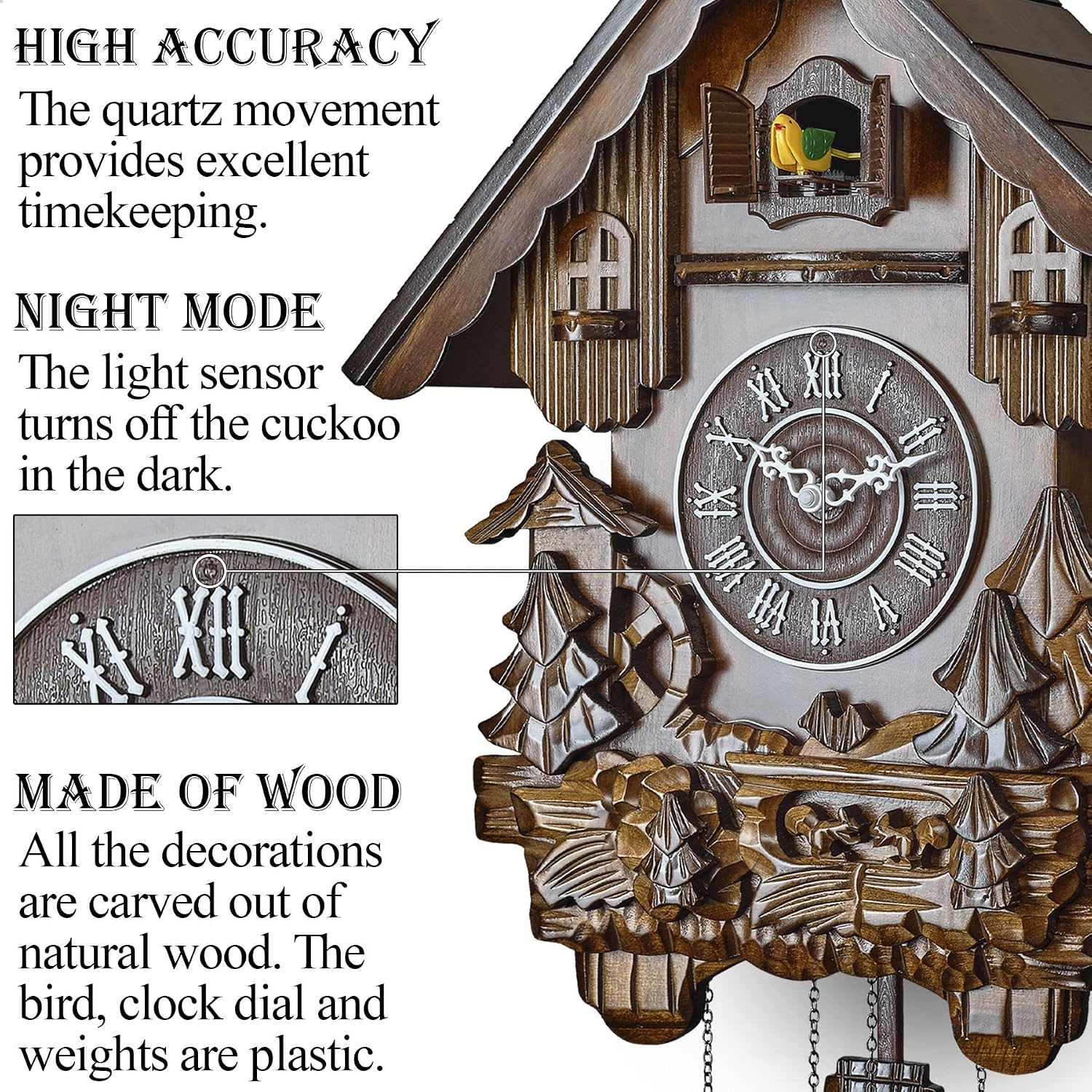TIMEGEAR Cuckoo Clock with Quartz Movement and Automatic Night Mode (Cherry)