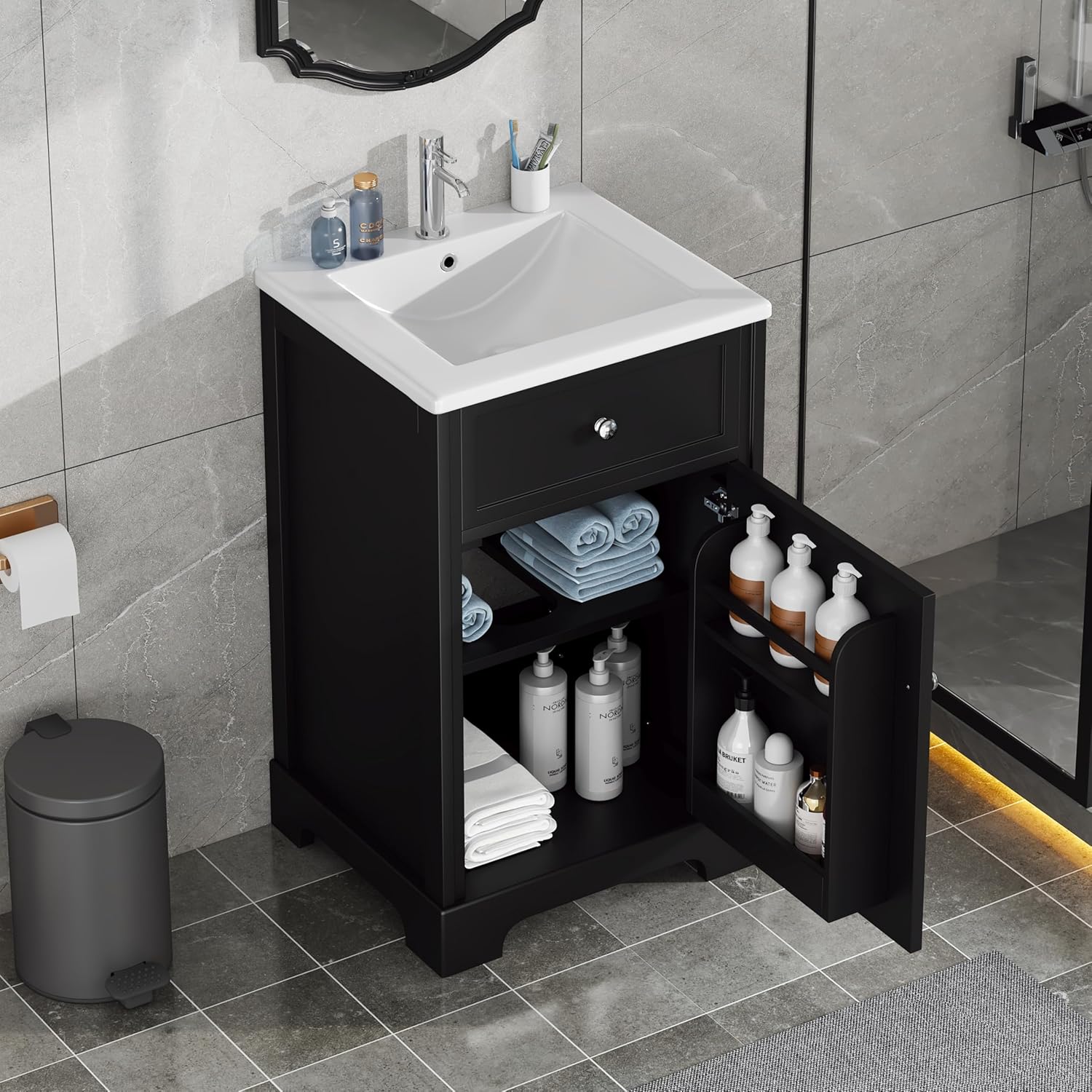 20' Bathroom Vanity with Sink, Harper & Bright Designs Free Standing Single Basin Vanity Set with Soft Closing Door and Storage Rack, Solid Wood Bathroom Cabinet with Ceramic Basin for Bathroom, Black