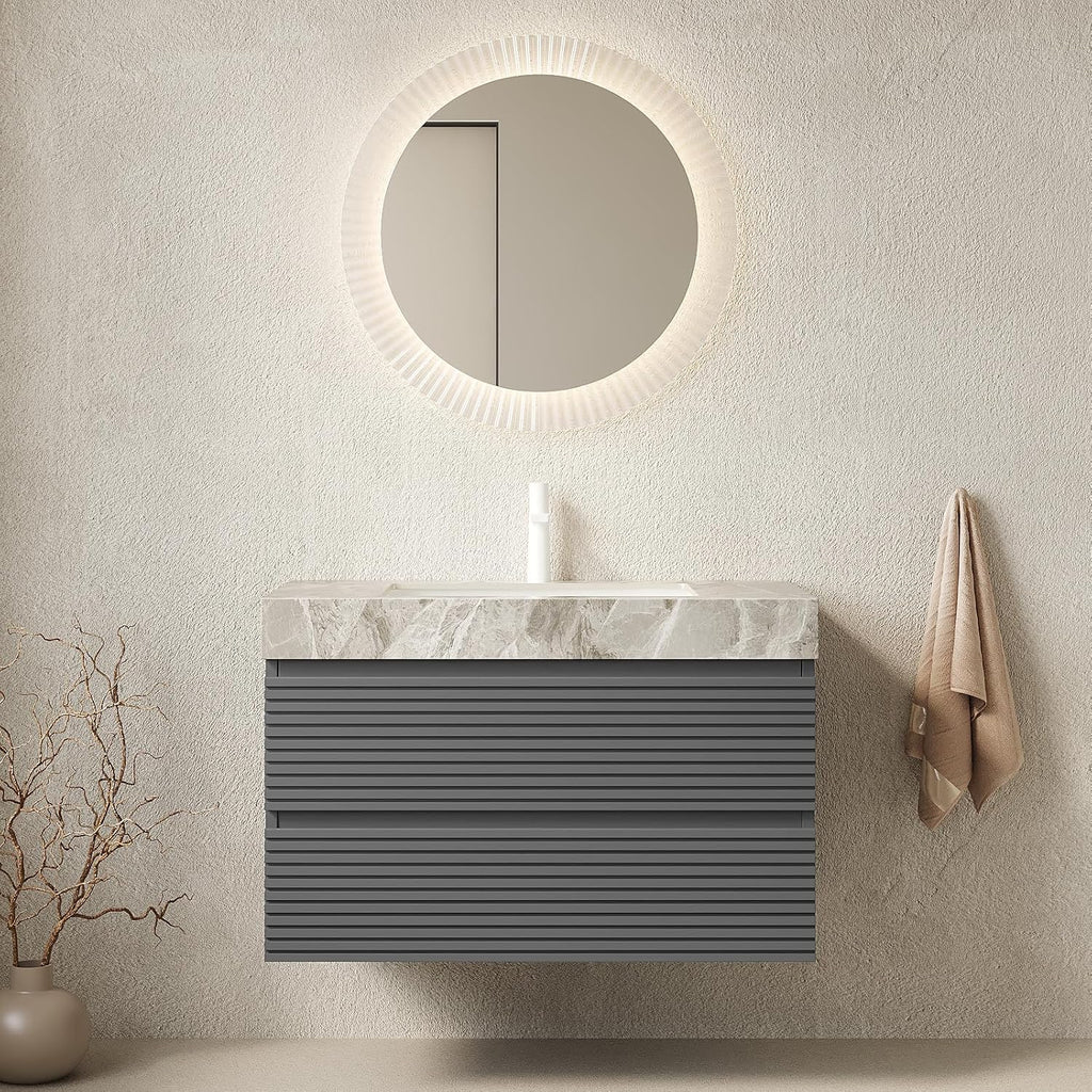 Eleshine 36' Bathroom Vanity with Undermount Sink, Floating Plywood Fluted Storage Cabinet with 2 Drawers, Itlay Light Gray with Stone Pattern Sintered Stone Top, Gray