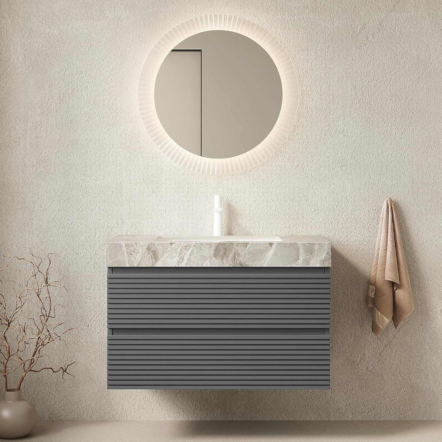 Eleshine 36' Bathroom Vanity with Undermount Sink, Floating Plywood Fluted Storage Cabinet with 2 Drawers, Itlay Light Gray with Stone Pattern Sintered Stone Top, Gray