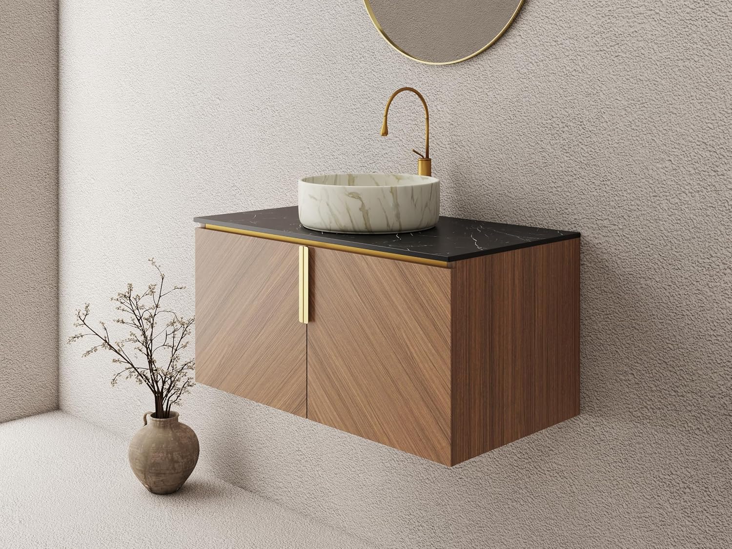 LKTART 36 Inch Bathroom Vanity with Sink, Modern Wall Mounted Bathroom Sink with 2 Doors, Black Sintered Stone Countertop and Stone Round Ceramic Basin