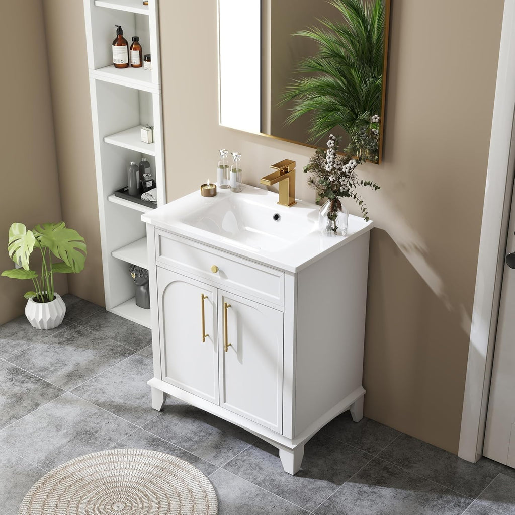 Henf White Bathroom Vanity with Sink 28inch Undermount Sink Bathroom Storage Cabinet w/2 Doors Cabinet,Ceramic Integrated Sink,Solid Wood Legs and Metal Handles, Freestanding Bath Storage Cabinet