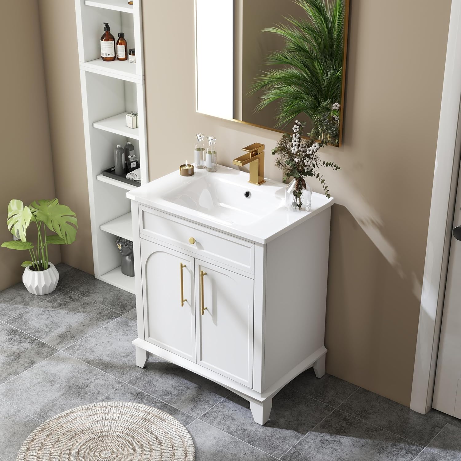 Henf White Bathroom Vanity with Sink 28inch Undermount Sink Bathroom Storage Cabinet w/2 Doors Cabinet,Ceramic Integrated Sink,Solid Wood Legs and Metal Handles, Freestanding Bath Storage Cabinet